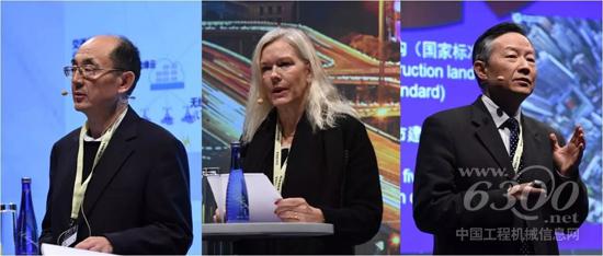 主旨演讲嘉宾，从左至右依次为：交通运输部总工程师周伟，瑞典驻华大使林戴安，国务院参事、原中国住房和城乡建设部副部长仇保兴。